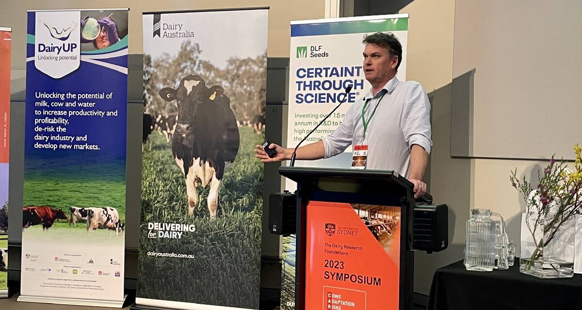 NSW DPI senior research scientist, Aaron Simmons, discusses emission reduction strategies at the 2023 Dairy Research Foundation Symposium. Picture supplied/DRF Symposium