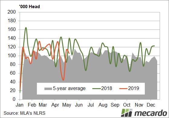 FIGURE 1: NSW lamb yardings. While February and March saw yardings at similar levels to last year, yardings during the short weeks and in the last few, have been well behind a year earlier.