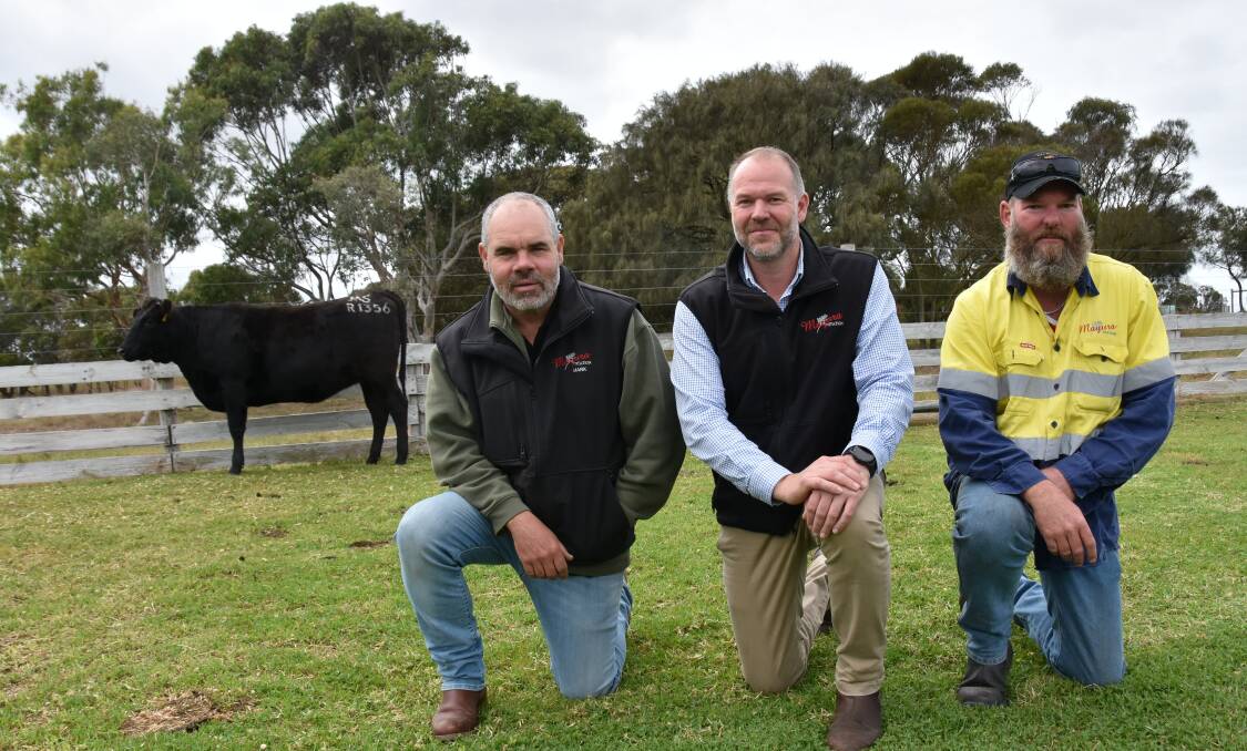 Mayura farm operations manager Mark Oliver, owner Scott de Bruin and livestock manager Glenn Zalme with the $245,000 sale topping heifer.