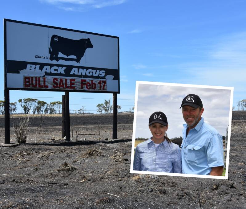 DEVASTATION: Samantha and Ben Glatz (inset), Glatz's Black Angus, Avenue Range, lost all of their pastures and suffered big stock losses in the Blackford fire, with their bull sale sign even scorched.