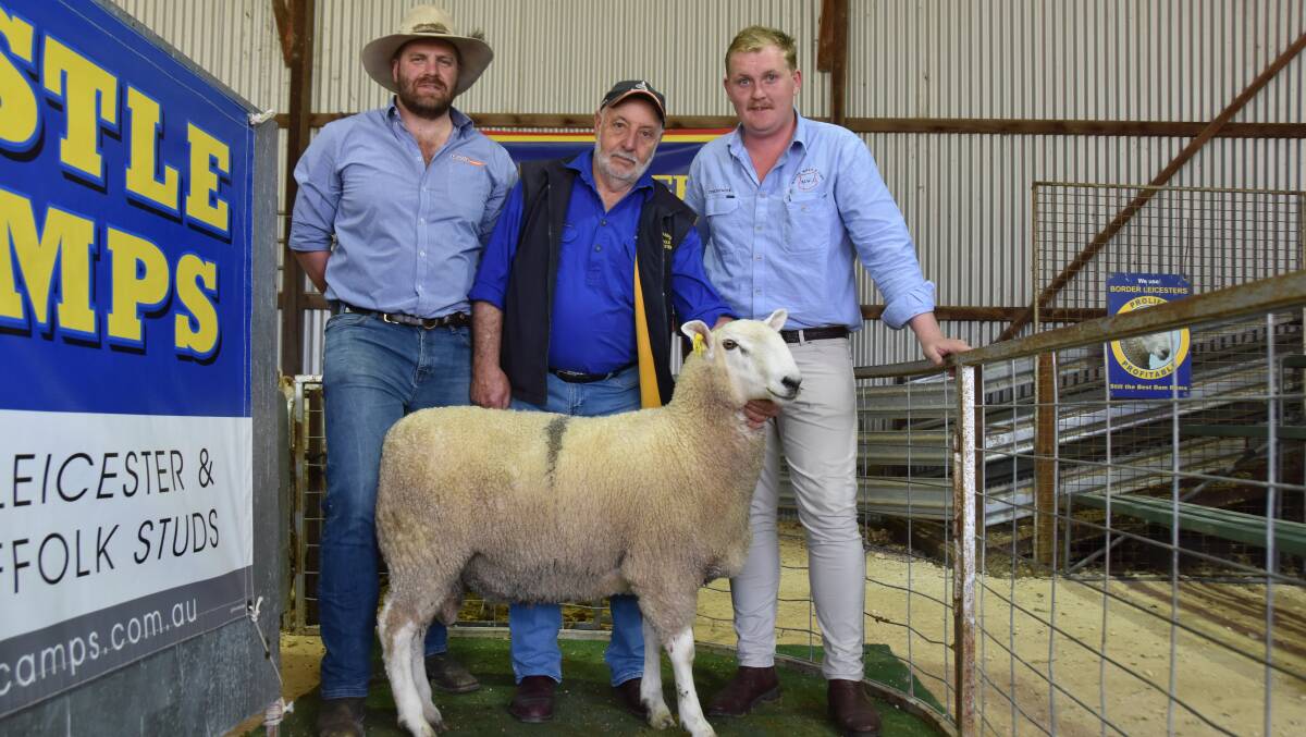 Platinum Livestock's Ben Dohnt, Castle Camps' Ian Carr and MWJ's Jordy Heinrich with the $2600 sale topper which sold to Marcollat Pastoral Company.