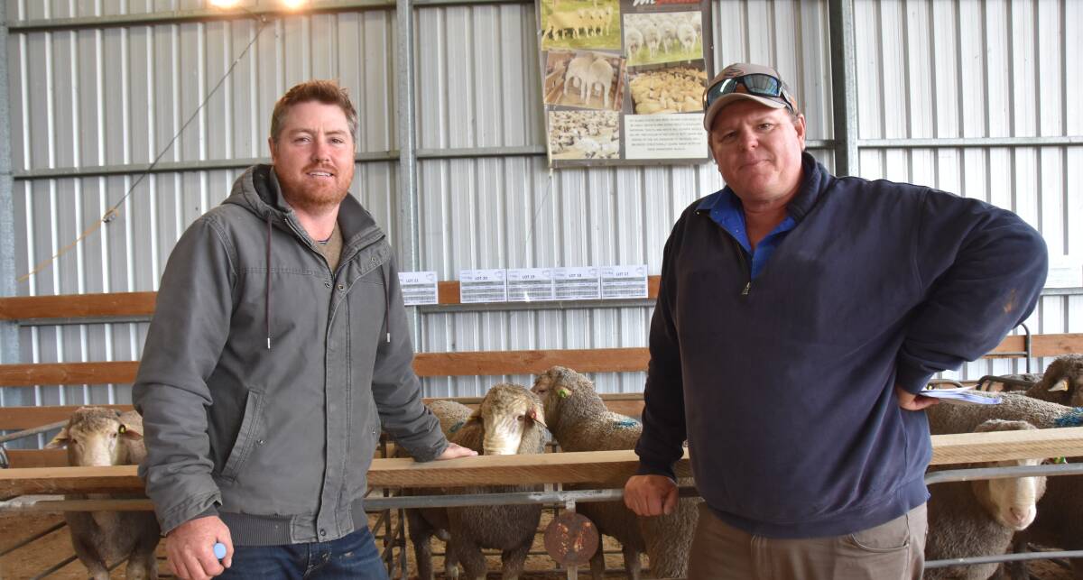 Mt Alma Dohne stud principal Eric Ashby with volume buyer Luke Mashford, Katalpa Station via Broken Hill, who secured 15 rams for a $2727 average.