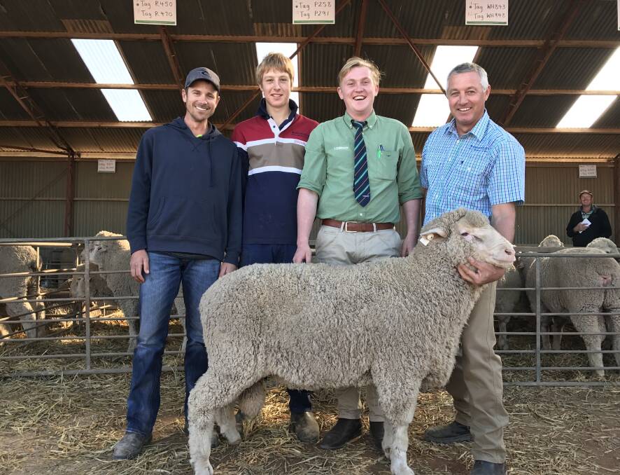 Buyer of the $4600 top priced ram Nathan Warmington, Penong with Maramville's Todd and Mark Hoffrichter and Landmark's Jordy Heinrich (second from right).