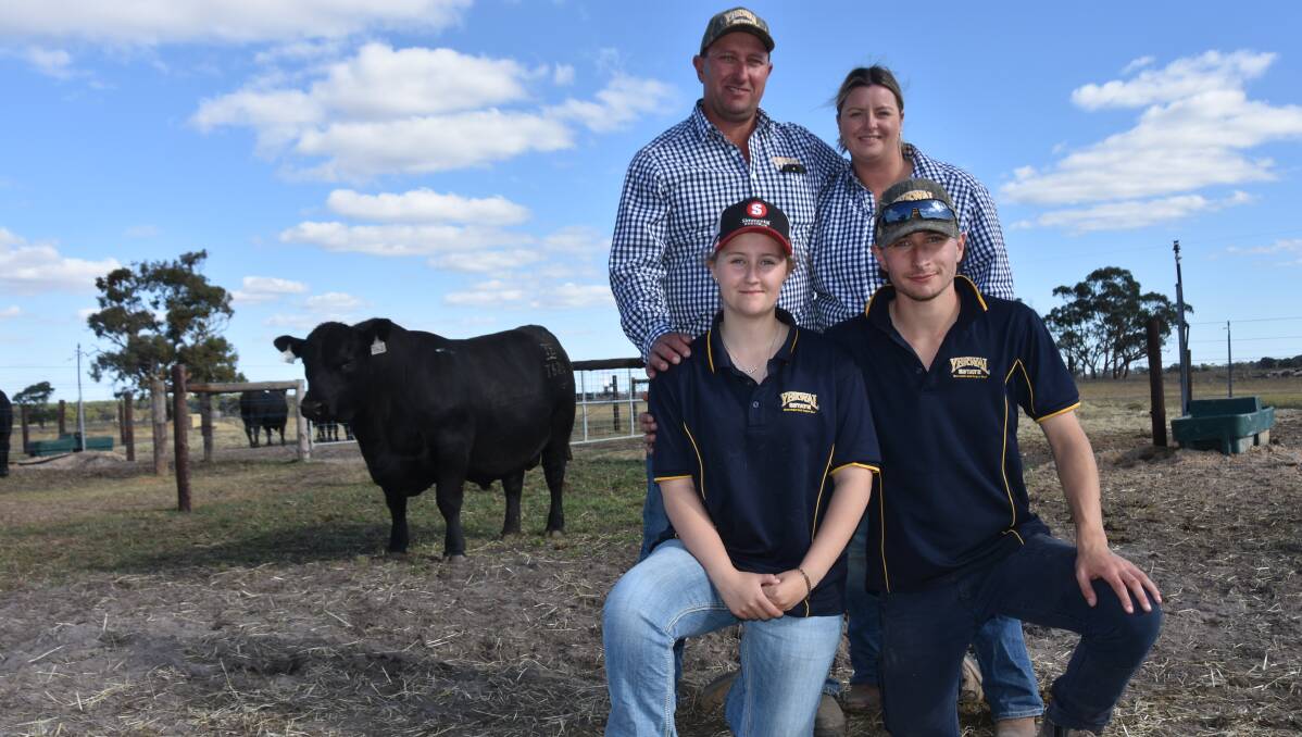 Regan, Connie, Lacey and Mitchell Burow, Yerwal Estate, Lucindale, with their Lot 16 bull, Yerwal Estate Sterling Pacific T62 - the $53,000 second highest price of SA Angus Week. Picture by Catherine Miller