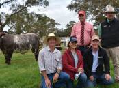 Eloora stud's Dion Brook with Kylie and Jason Catts, Futurity stud, Baradine, NSW who paid the $24,000 top price for Eloora Melbourne T103. They are with Elders' Alistair Keller and Nutrien's Richard Miller. Picture by Catherine Miller