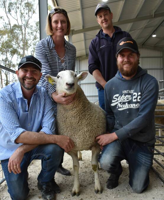 PEMBROKE'S PICK: Martin and Kirsty Harvey, Paxton Border Leicester stud, Western Flat, with the $7000 sale topper bought by Ashley Simons, Pembroke stud, Telangatuk East, Vic, (kneeling) with agent Shaun Minge, Pinkerton Palm Hamlyn & Steen, Penola.