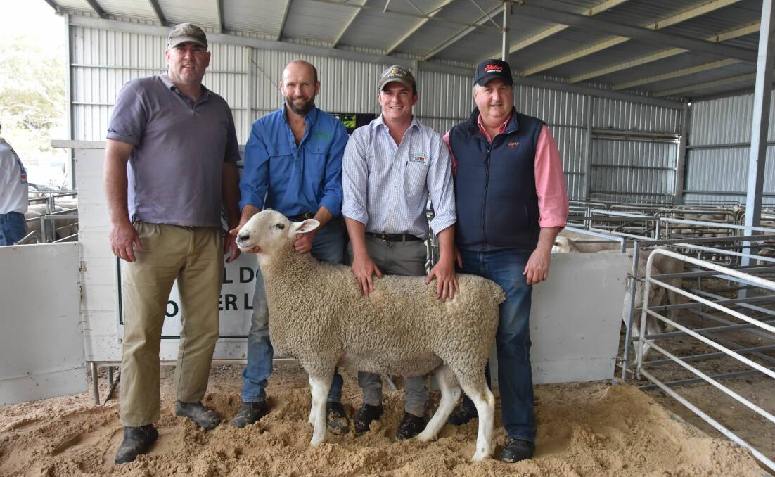 TOP BUY: Bruce Loller, Keith, who paid the $2500 top price for this Border Leicester ram with Netley Park's Michael King, Spence Dix & Co's Marty Smith and Mr Loller's agent Brenton Henriks.
