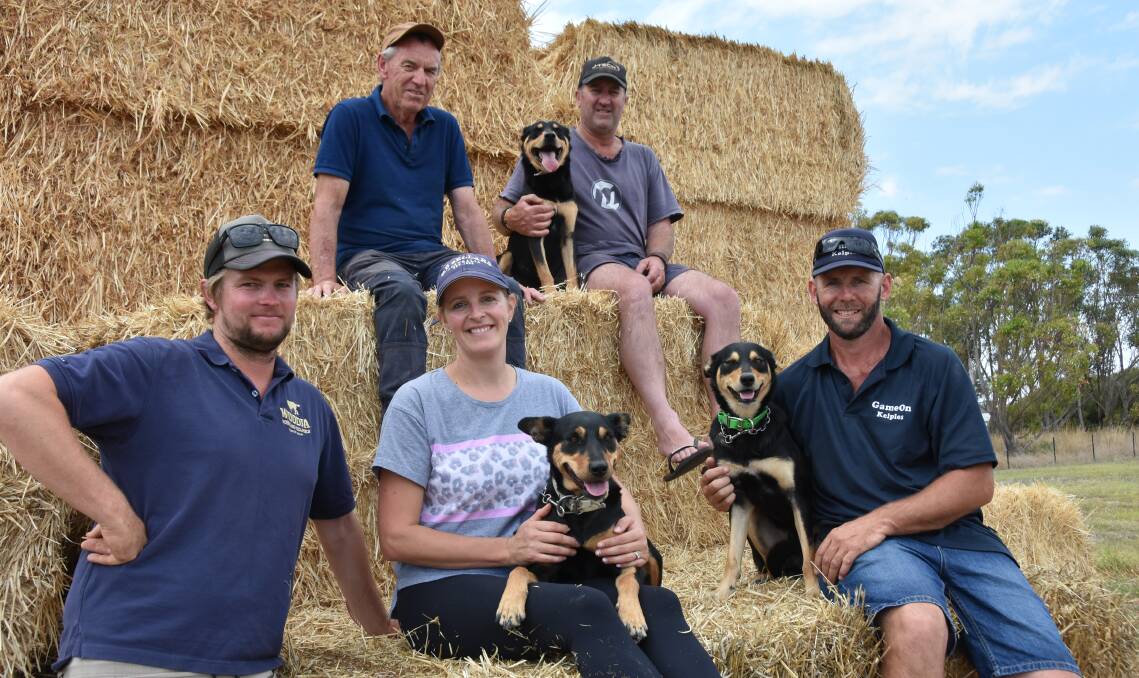 COMMITTEE PLAN: Lucindale Working Dog Auction's Alan McGurk, Greg Fisher with Ace, and (front) Travis Ware, Kylie Ware with Ratbag and Darren Jenke with his dog Boss, are looking forward to the September 26 auction. The committee also includes Wendy James-Ross, Robert Crosby and George Levy.
