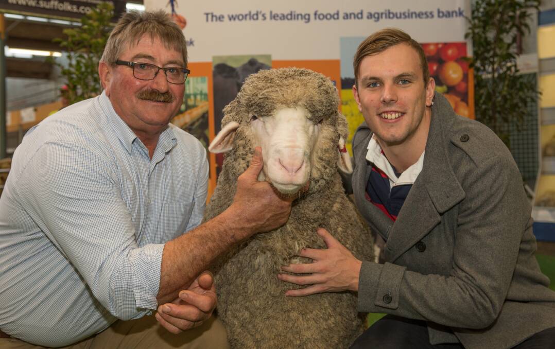 EP CHAMPIONS: Joe Dahlitz, Roemahkita, Cummins, with his winning Fibre Meat Plus ram Roemahkita 160018 'Chalmers' and its namesake, Olympic swimmer Kyle Chalmers, Port Lincoln. It was the second time Roemahkita has won the prestigious class, which aims to showcase the dual-purpose attributes of the SA Merino.