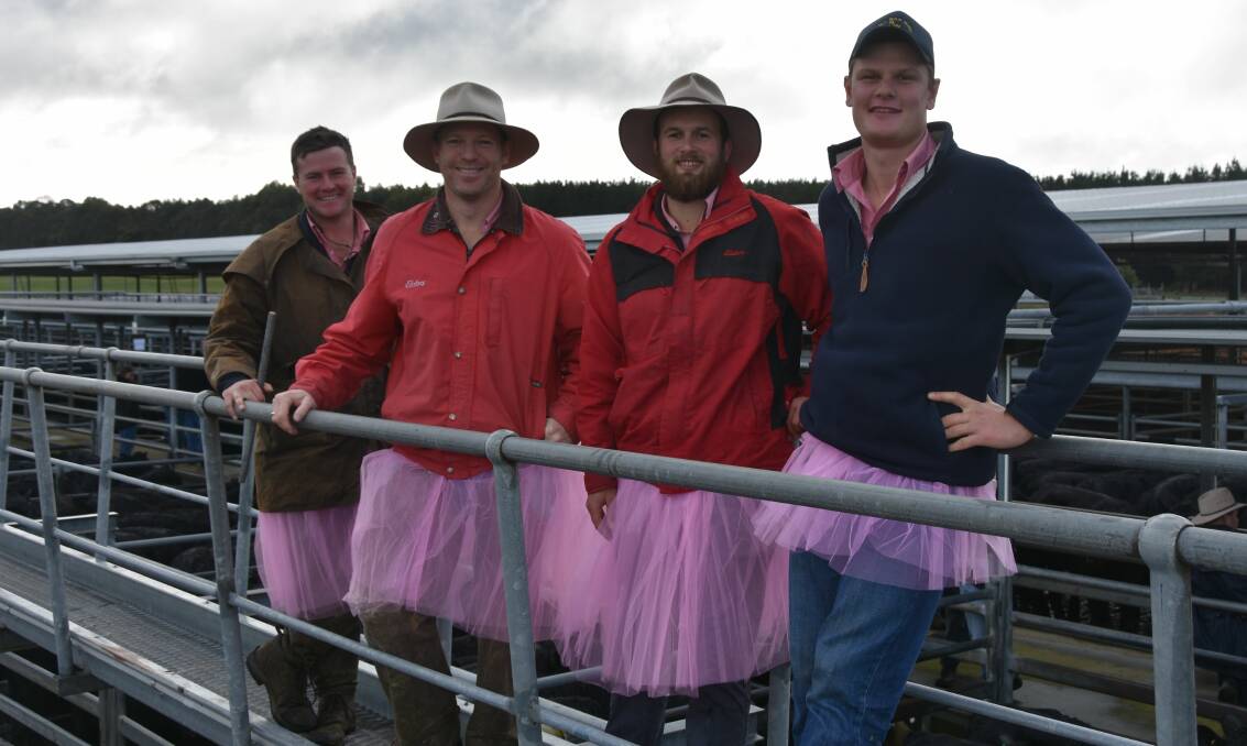 TEAM IN TULLE: The Elders Mount Gambier team Aidan Auld, Brett Exelby, Hayden Biddle and Ben Gregory get into the spirit of the 'Swinging at the Saleyards' fundraiser.