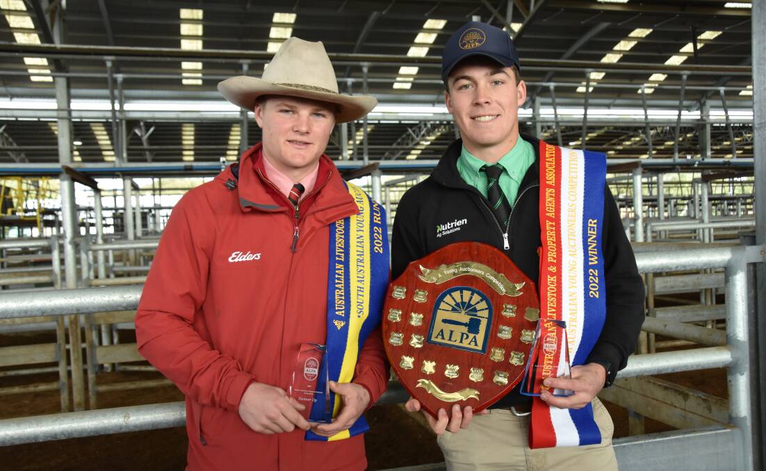 ALPA SA Young Auctioneer competition runner-up Nathan McCarthy, Elders Lucindale and winner Jack Guy, Nutrien Ag Solutions Bordertown.