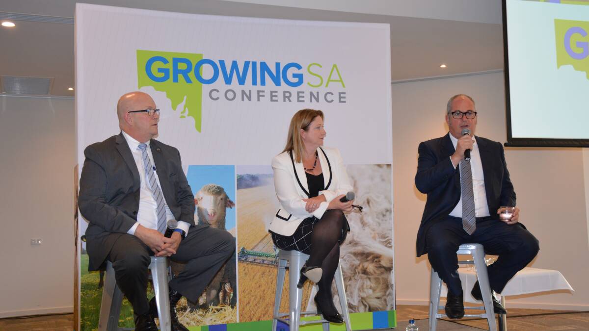 The panel at the 2017 GROWING SA conference comprised Minister for Trade, Tourism and Investment David Ridgway, former NXT agriculture spokesperson Rebekha Sharkie and former Minister for Agriculture Leon Bignell.