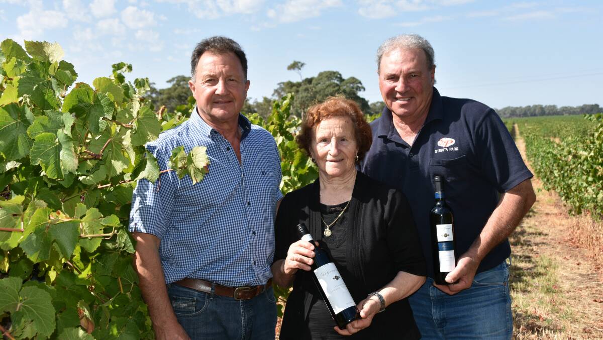 GRAPE SUCCESS: Frank and Nanni (right) DiGiorgio and their mother Rita in the family’s first vineyard block at Sterita Park, planted in 1989.