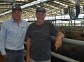 PPHS's Josh Manser and his client Michael Mattei, Williup, Hynam, who topped the Naracoorte feature female sale. Two pens of his Angus heifers each made $2200. Pictures by Catherine Miller