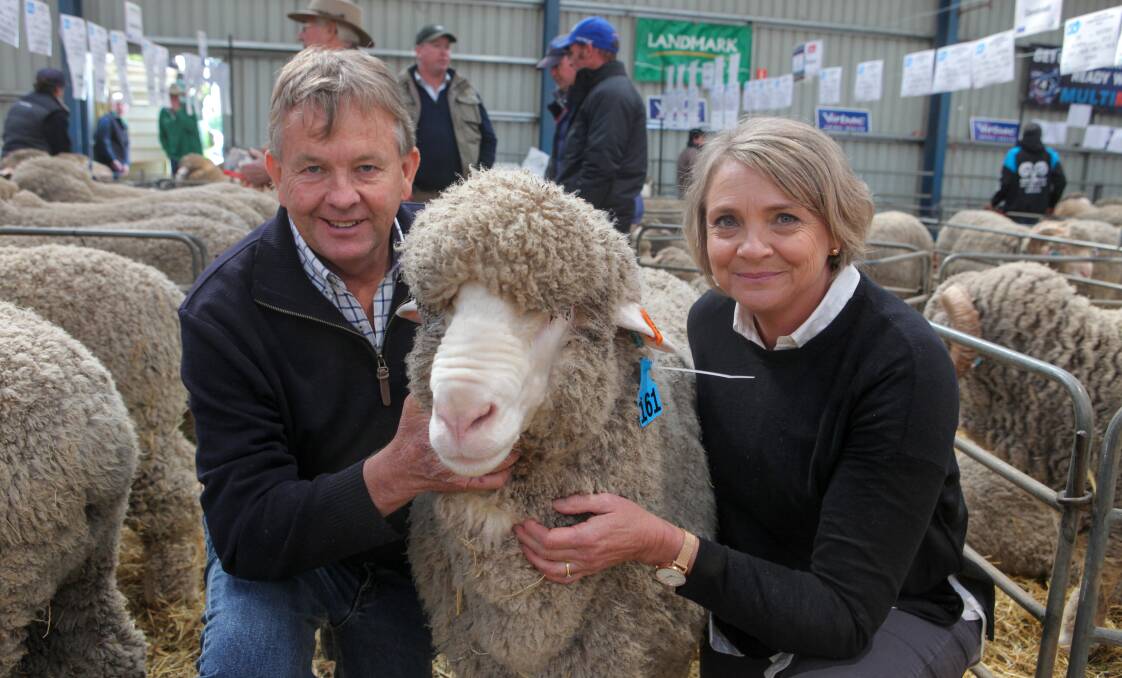 PREMIUM PRICE: Geoff and Bernadette Davidson, Moorundie stud, Keith, topped the 2019 Hamilton Sheepvention ram sale with Lot 161 making $35,000. Photo: Rob Gunstone