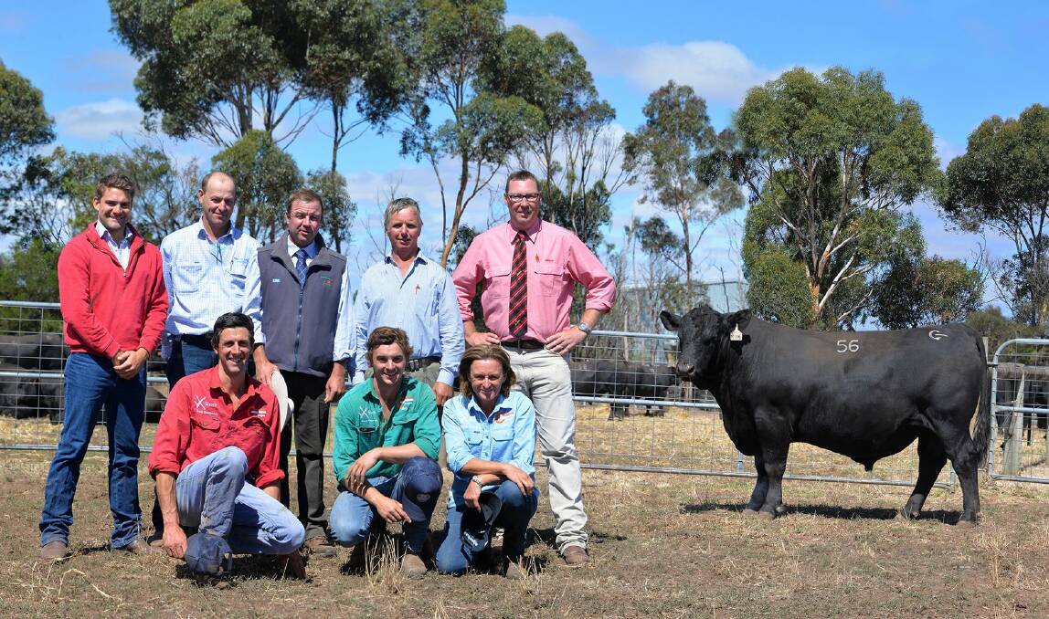 ROYAL APPROVAL:  Buyers Jack Rowe and Luke Bavistock, auctioneer Jono Spence, Mark Gubbins, auctioneer Ross Milne and (front) Martin Beltrame, Max and Anna Gubbins, with the $15,500 sale-topper.