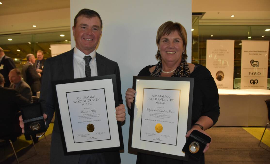INDUSTRY INFLUENCERS: Tom Ashby, North Ashrose stud, Gulnare and Elders district wool manager Steph Brooker-Jones from Lucindale, both received the Wool Industry Medal for their significant contribution to the wool industry.