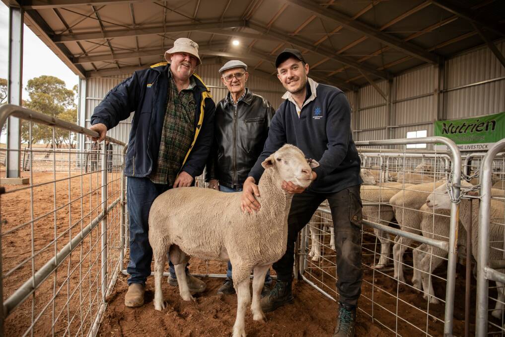 CHARITY RAM: The proceeds of lot 13 will be donated to the RFDS, buyer Jeffrey Hampel, Meribah, with Harrys Well patriarch 92-year-old Colin Farr and Matthew Leigh (Harrys Well).
