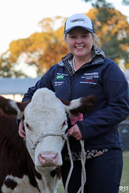 TOP TALENT: Georgie Beighton, Penola, with 2016-drop heifer Yagaburne Amy M197, which she won at Herefords Australia's National Youth Expo. Photo: BJS PHOTOGRAPHY