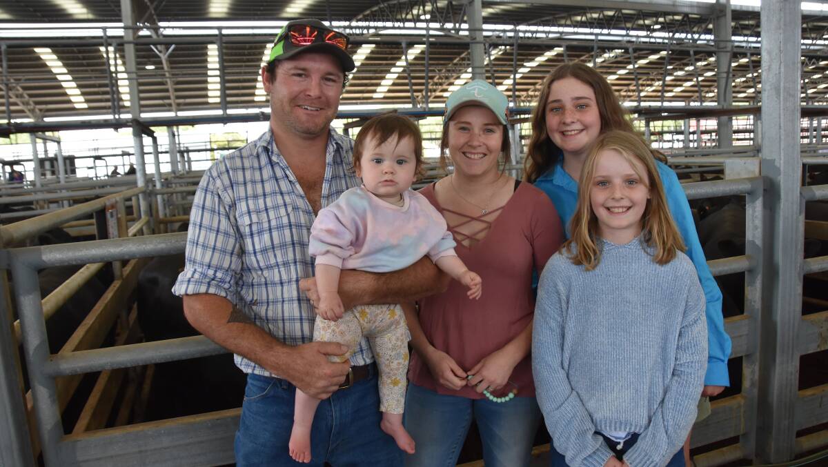 Jake and Julia Cooley with their daughter Lily, along with Taylor and Chelsea Schilling, all of Tintinara, were having a look at the Naracoorte Angus Feature Female Sale.