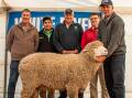 Cousins Merino Services' Paul Cousins, Nutrien Kimba's Matt Brown, Oakfarms stud's Nick Lienert who bought the $24,000 record price ram with Elders' Tony Wetherall and White River stud's Wes Daniell holding the ram.