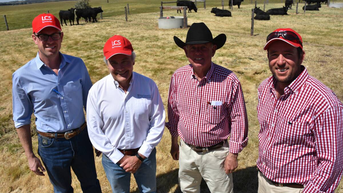 OPEN DAY: American Simmental Association's Luke Bowman and Wade Shafer with Tim and Henry Cartledge, Lancaster Simmental stud, Field, at their field day last week.
