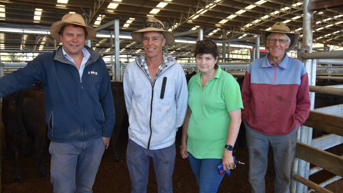 PPHS's Josh Manser with clients Alan, Carol and Rod Smith, Gumbowie, Joanna, who were pleased with the sale of their March/April and May drop heifers. The top pen of 21 weighing 361kg made $1780. Picture by Catherine Miller