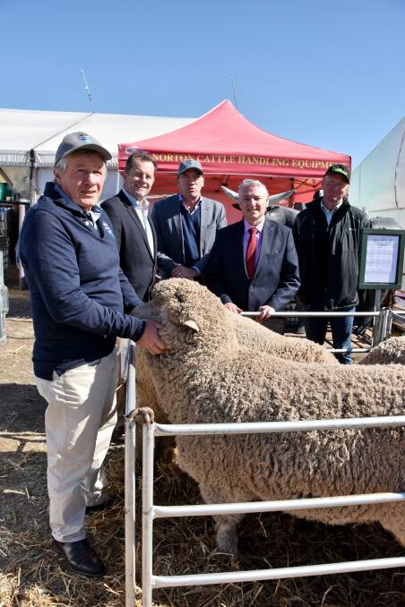 PROGRAM LAUNCH: At the One Biosecurity program launch at the EP Field Days  were former Livestock SA president Geoff Power, Primary Industries Minister Tim Whetstone, Member for Flinders Peter Treloar, PIRSA chief veterinary officer Roger Paskin and Glenville stud principal Daryl Smith, Cowell.