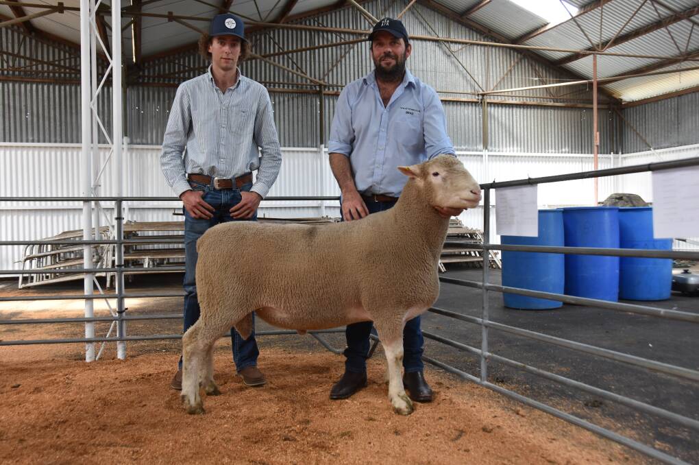 Charles Rowett, Ulandi Park stud, Marrabel, bought Wrattenbullie's lot 2 ram, being held by Brad Davies for a $9500 stud record. Picture by Catherine Miller.