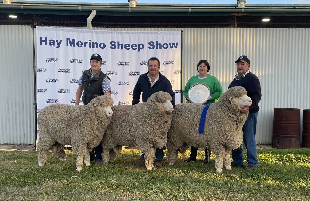 Darcy, Paul, Airlie and Peter Meyer, Mulloorie stud, Brinkworth, with their winning group of three rams.
