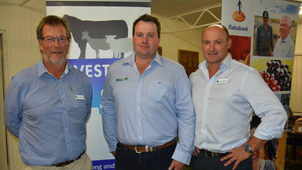 RECOVERY PLAN: Livestock SA president Joe Keynes, TFI assistant livestock manager Ben Davies and Livestock SA southern region president Peter Stock at the meeting at Keith last week.