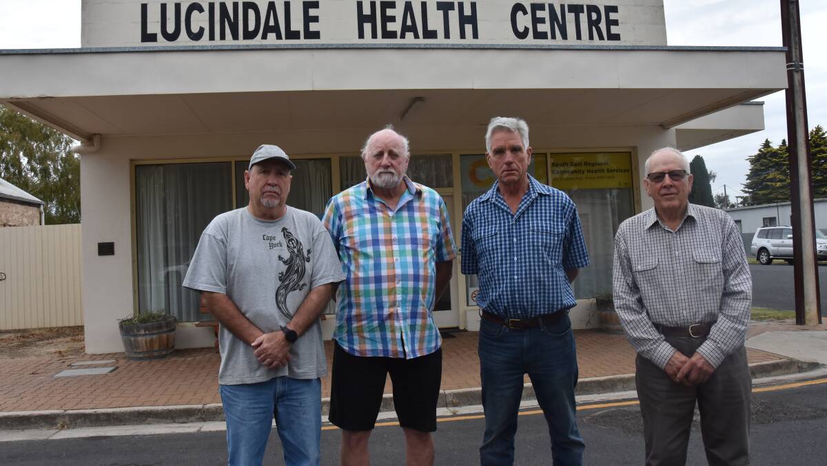 South East locals Ashley Reynolds, Geoff Robinson, Naracoorte Lucindale Council mayor Patrick Ross and councillor Trevor Rayner outside the Lucindale Health Centre. Picture by Catherine Miller