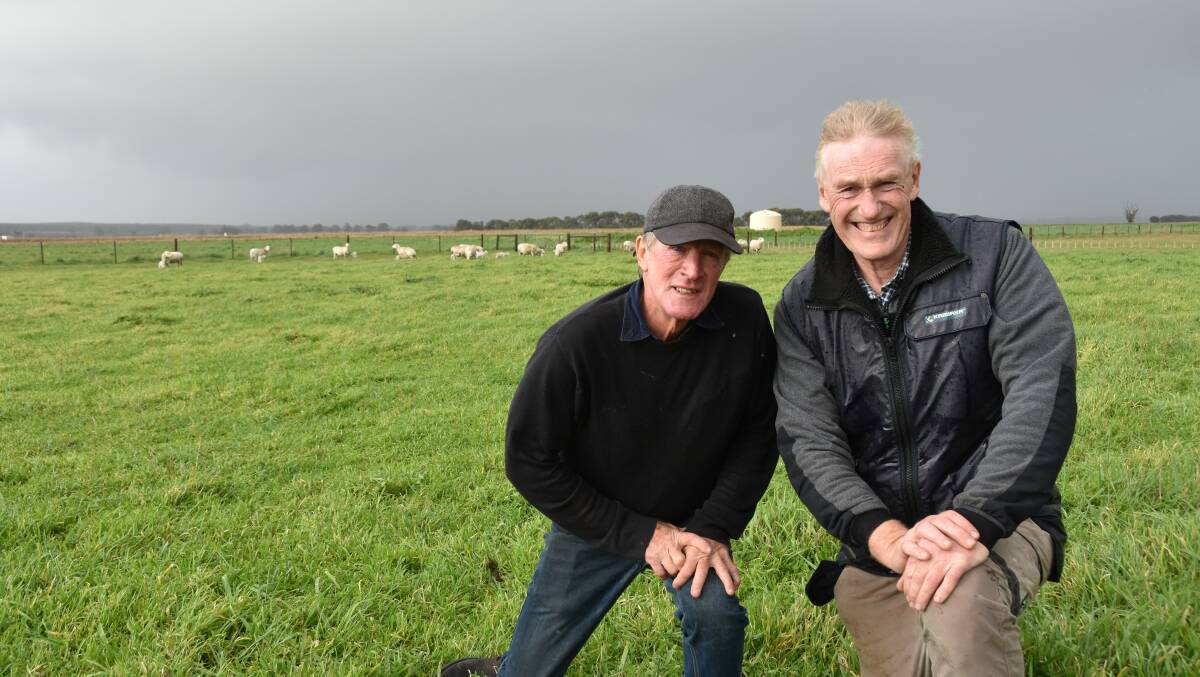 Reproductive physiologist Colin Earl and John Mossop who has used shedding genetics containing the Booroola gene in his flock to boost lambing rates by at least 30 per cent. Picture by Catherine Miller