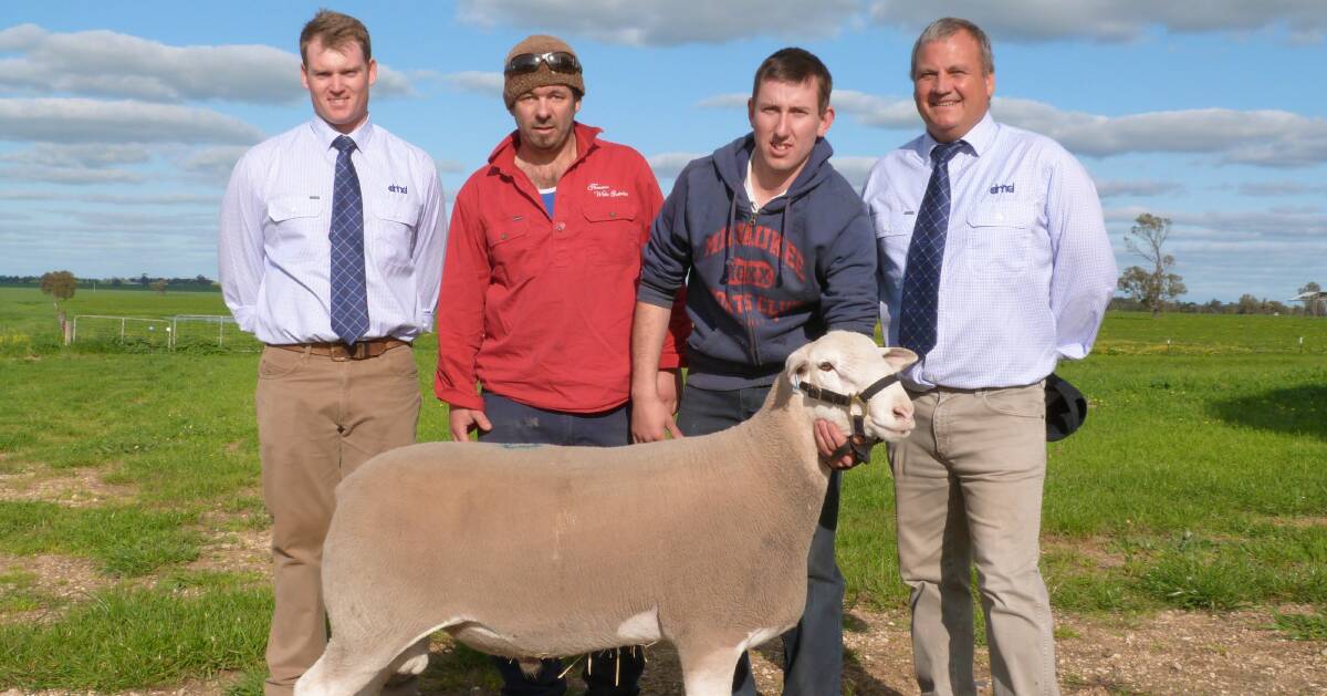 CLASSY RAM: Driscoll McIlree & Dickinson Nhill's Brock Quick with $4100 top price ram buyer Dean Cameron, Noramac stud, Balmoral, Vic, Omad stud principal Damien Hawker, Kaniva, Vic, and DMD Nhill's Chris Barber.