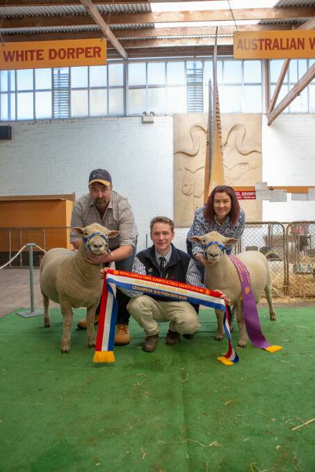 DOUBLE DELIGHT: Chris and Tania King, Shellal stud, Koroit, Vic, with their champion and reserve champion Southdown rams. They are with judge Daniel Lutz, Henty, Vic.