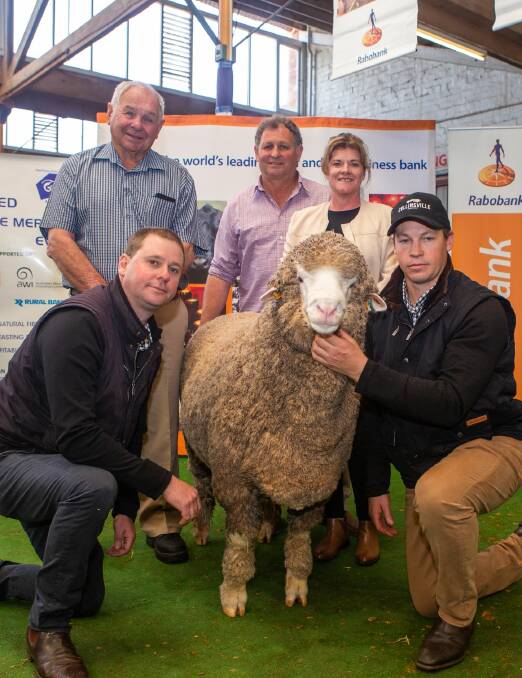 WA BOUND: Don, Brad and Kylie Eaton, Olinda stud, Wyalkatchem, WA, outlaid $62,000 for lot 2 from the Collinsville stud, with George Millington and Tim Dalla (both kneeling).