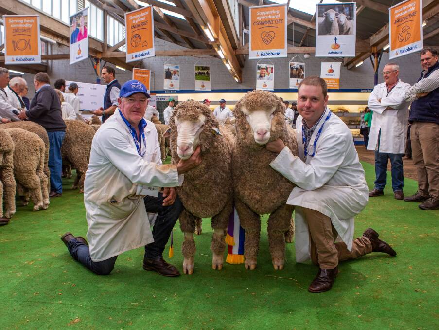Tony Brooks holds the reserve grand champion March shorn Poll Merino ram from the East Bungaree stud, while George Millington holds the grand champion from the Collinsville stud.