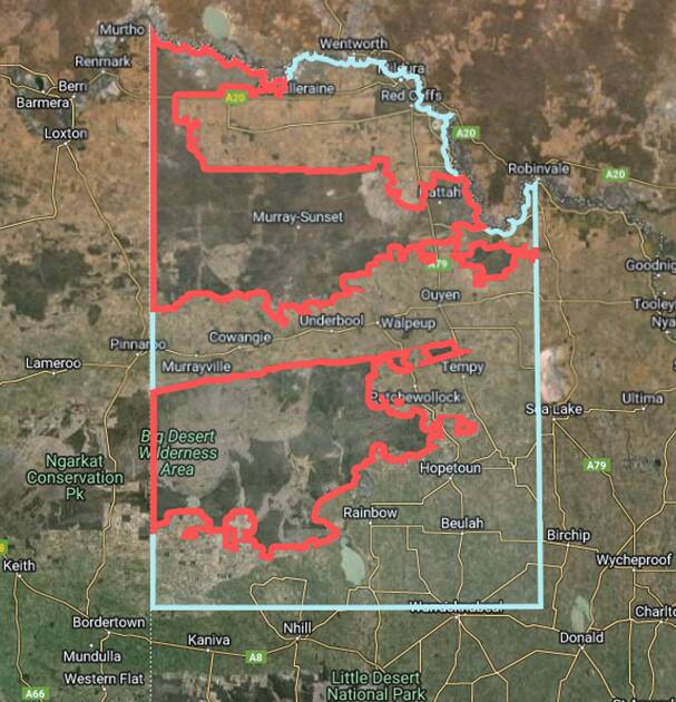 The blue line shows where dingo control is now prohibited in Victoria. The red line is the area around major areas of public land where control was formerly done.