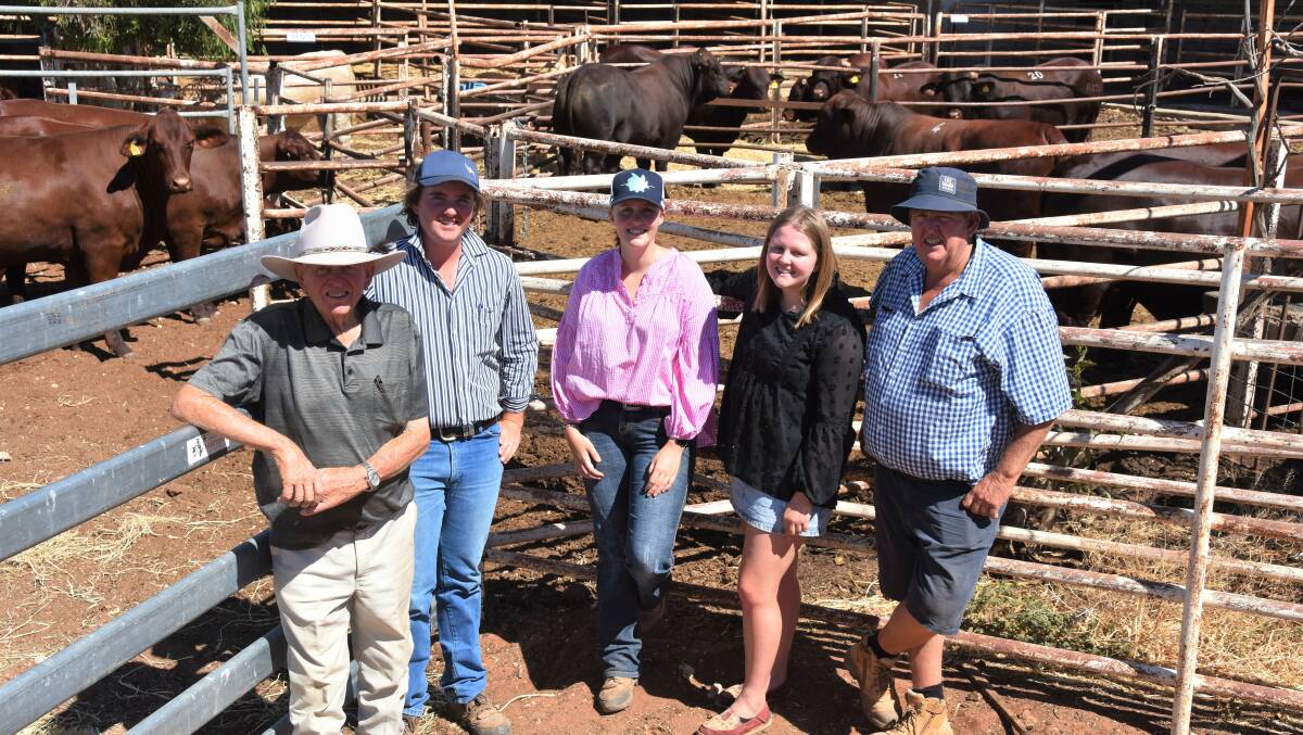 Three generations of the Fogden family- Richard, Thomas, Alizah, Eleni and Peter Fogden- were rapt to sell bulls to $15,000 and have a sell out of their pregnancy tested in calf heifers at their Beef Week field day.