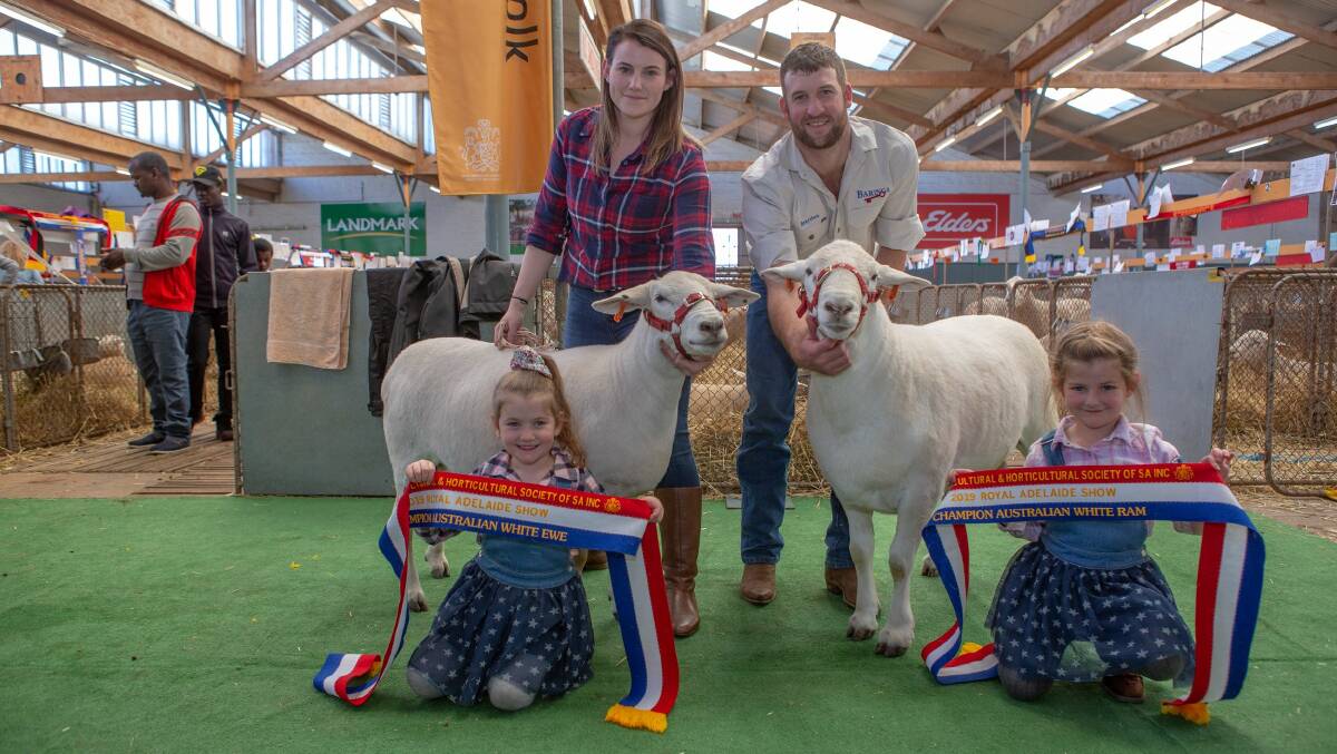 Rachelle amd Brayden Gilmore, Baringa stud, Oberon, NSW, hold the champion ewe and ram with their daughters Halle Mae, 4, and Mackenzie, 6, kneeling.