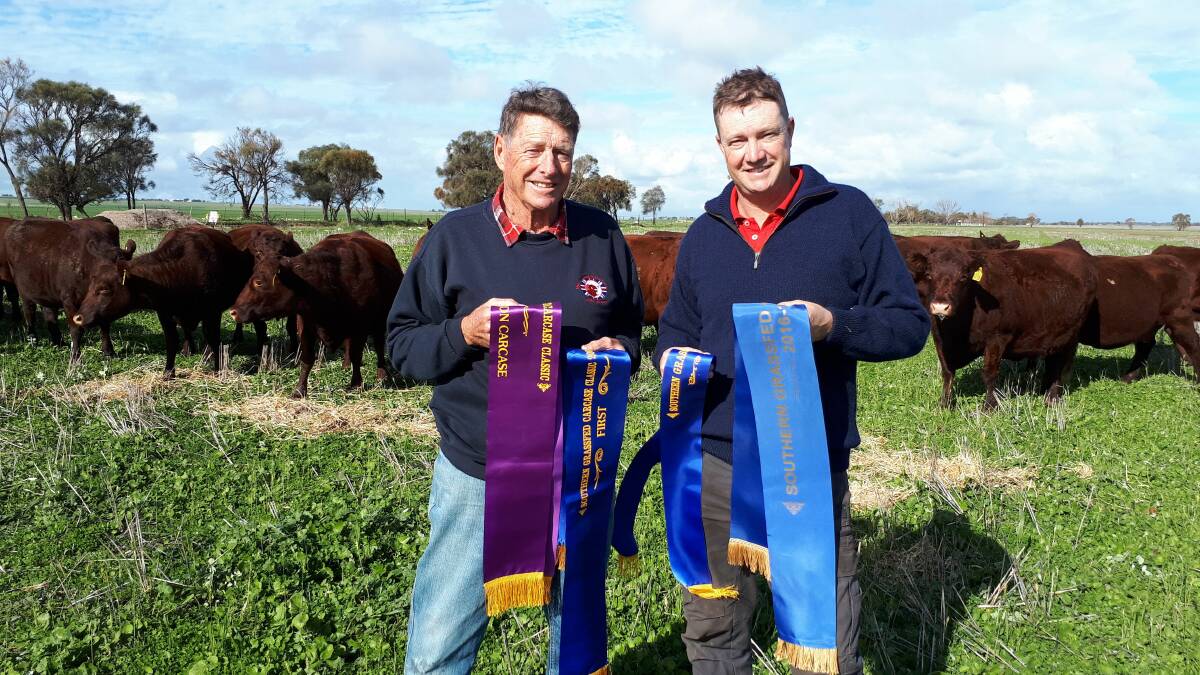STRONG SUPPORTERS: Alan and Peter Wilson, Brentwood dominated the placings of the Southern Grassfed Carcase Classic with their Red Poll steers.