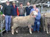 Buyers of the $19,000 sale topper, Neil and Colin Coates, St Arnaud, Vic, with Rob Russell, Sheep Scope, Port Fairy, Vic, (second from left) who helped advise them, Spence Dix & Co auctioneer Luke Schreiber and Marianne and Peter Wallis.