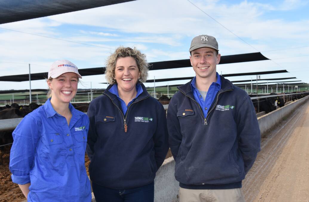 ENTRY LEVEL: Thomas Foods' Rural Pathways program members Holly Hughes and George Sandow with feedlot business administration manager Kelly Nankivell (centre), who is the coordinator of the 12-month program.