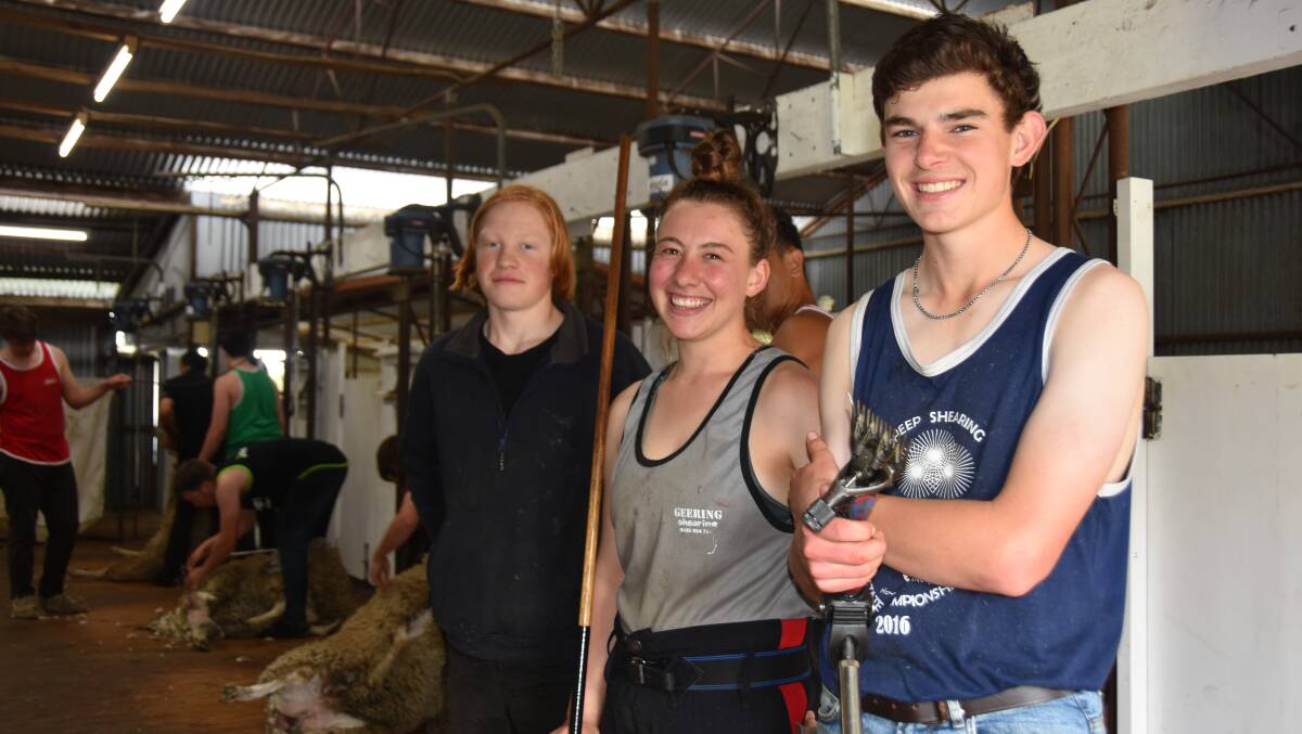 Austin Nettle, Clay Wells; Tory Mueller, Southend and Henry Boord, Naracoorte, were among the participants at the learner shearer and wool handler training school at Furner.