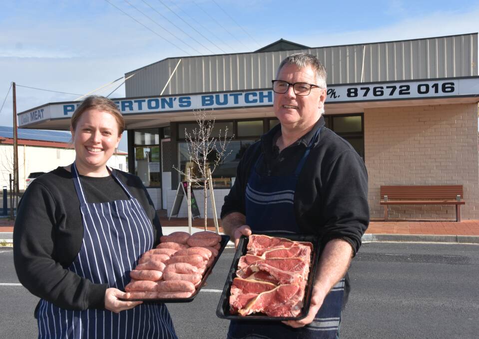 LONG HISTORY: Jeff Pinkerton (right) and his daughter Georgie outside Pinkerton's Butchery in Kingston SE, which has been in the family for 138 years.