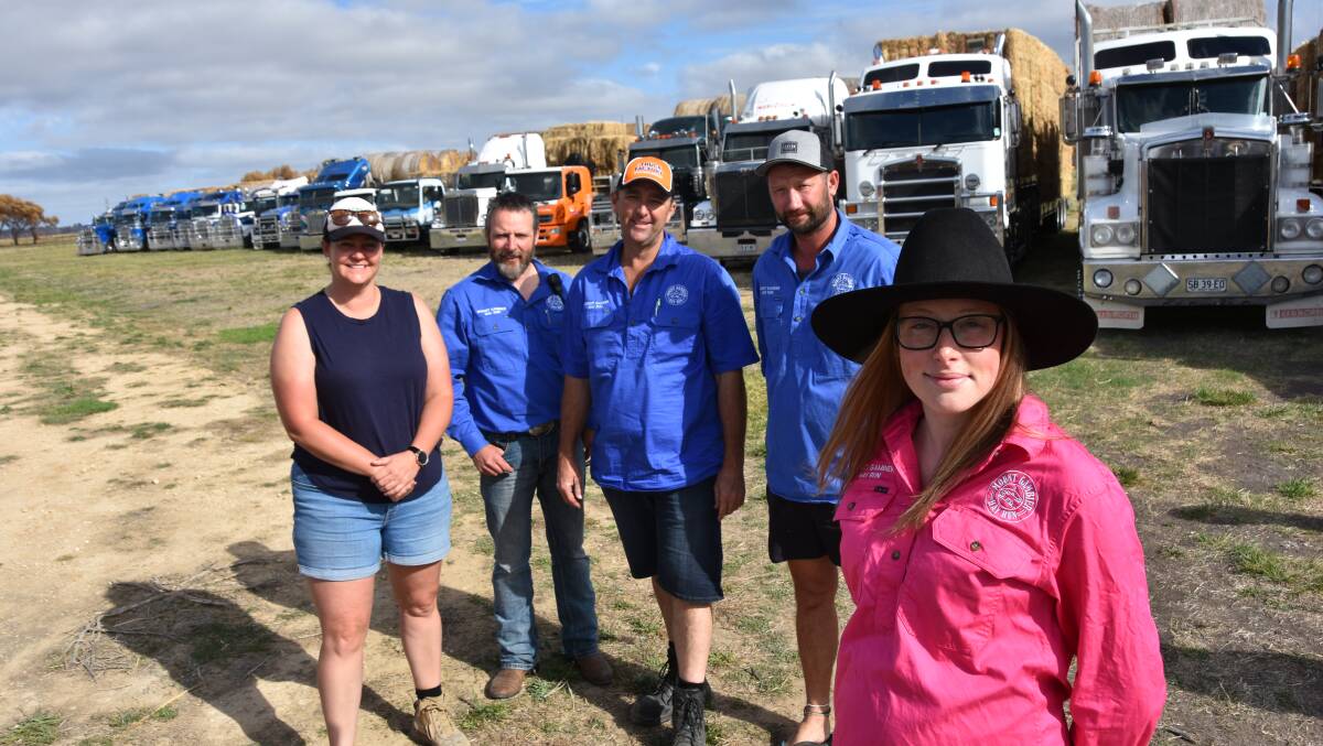 HAY VISION: Mount Gambier Hay Run founder Zoe Simpson (front) with Erin McWaters, who coordinated the Lucindale hay deliveries and fellow Hay runners Scott Simpson, Adam Smith and Chris Stockwell.