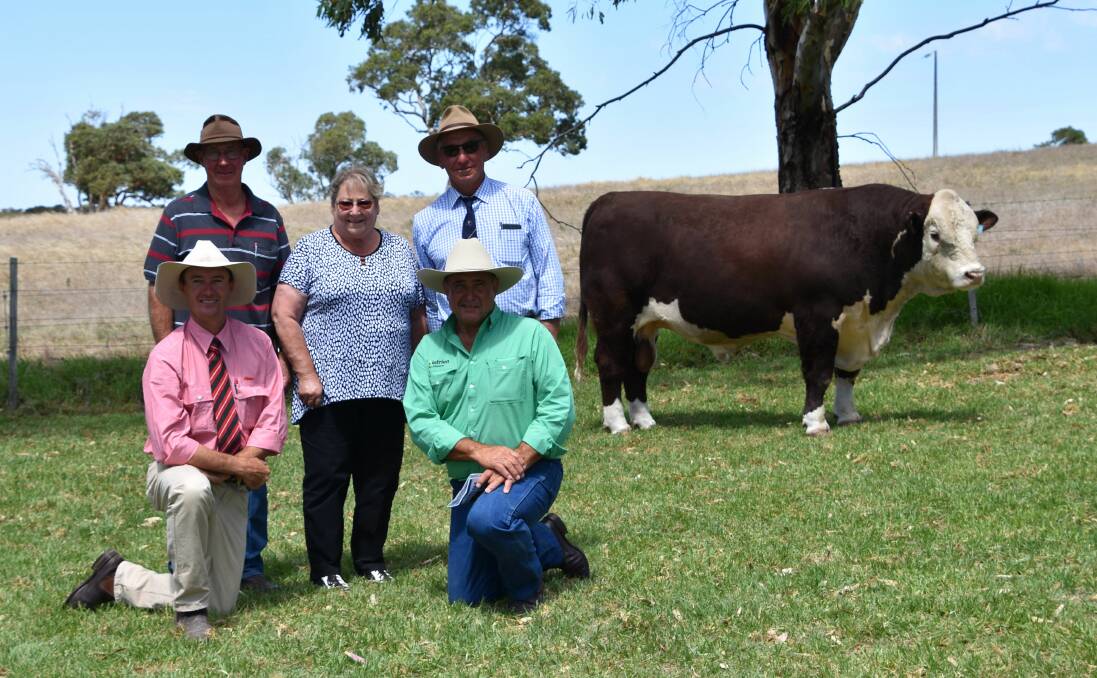 Buyers of the top price bull at Morganvale, Francis Henty and Sally Anderson, Henty Anderson Partnership, Henty, Vic, are with Allan Morgan and (front) Elders' Steven Doecke and Nutrien Ag's Noel Evans.