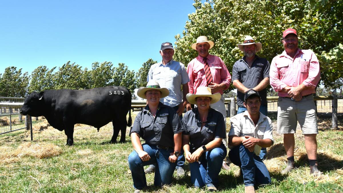 Phil Cooper, Laryn Gogel, Scott Finlay, Nick Downward and front Chelsea Harrop, Brooke Carson and Michael Towill with lot 20 which also made $20,000.