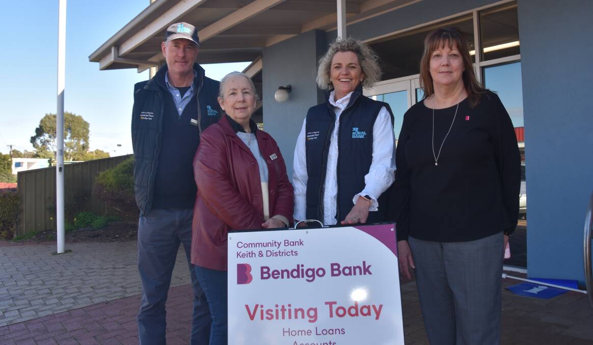Community Bank's James Ryan, Kelly Nankivell and Fiona Wilkinson with Coorong District Councillor Sharon Bland at the new Meningie office. Picture by Catherine Miller