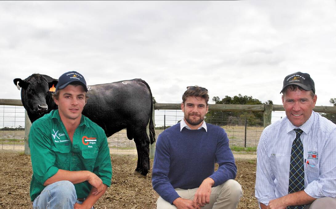 COOLANA HIGH: Pictured with the $10,000 top-priced bull at the Coolana SA Autumn bull sale at Willalooka are Coolana’s Max Gubbins, buyer Jack Rowe, Princess Royal Station, Burra, and Rodney Dix, Spence Dix & Co, Keith.